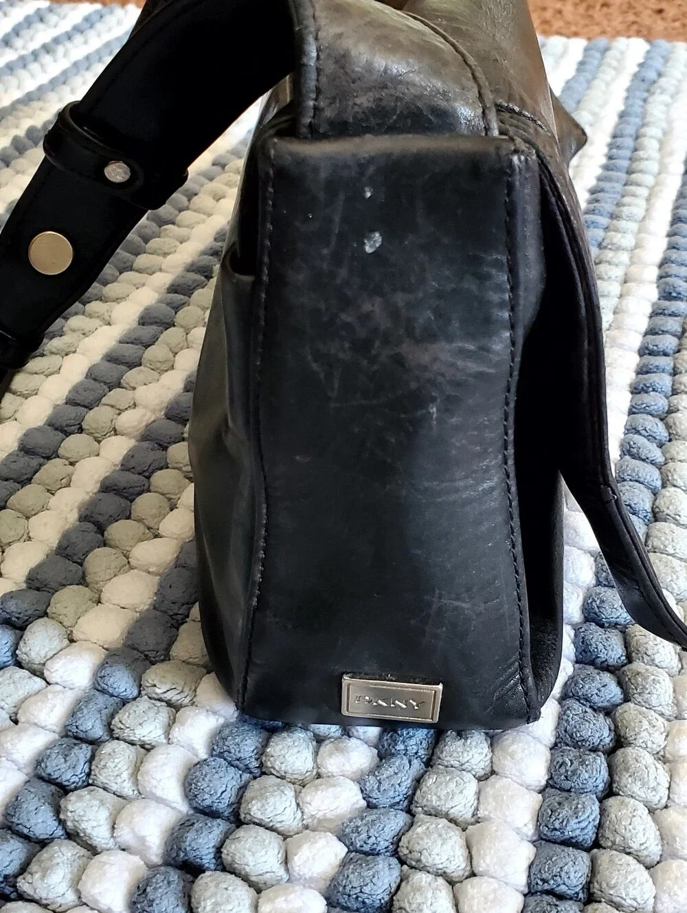 DKNY Black Leather Messenger Bag with Adjustable Strap